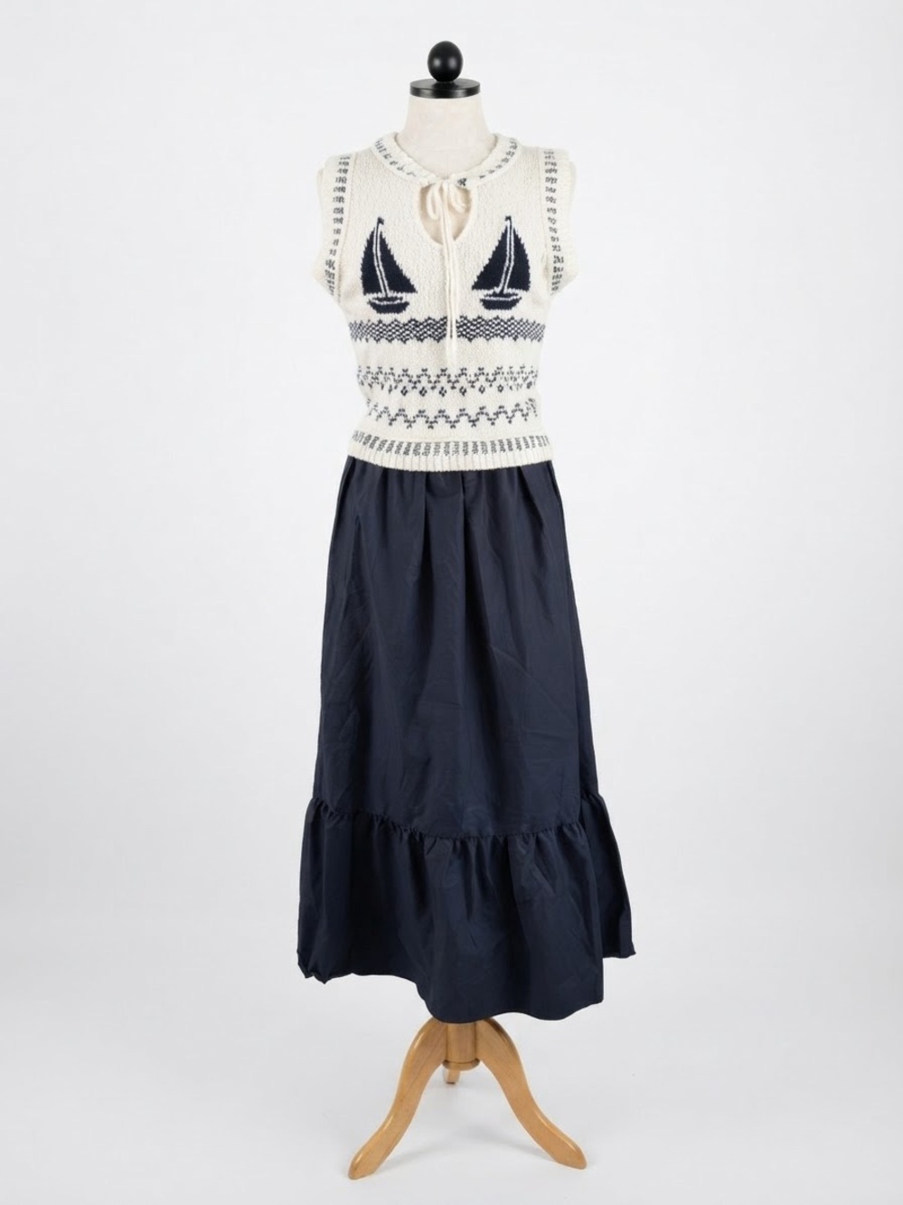 Moon River Sailboat Intarsia Knit Mixed Media Maxi Dress Navy White NWOT Medium